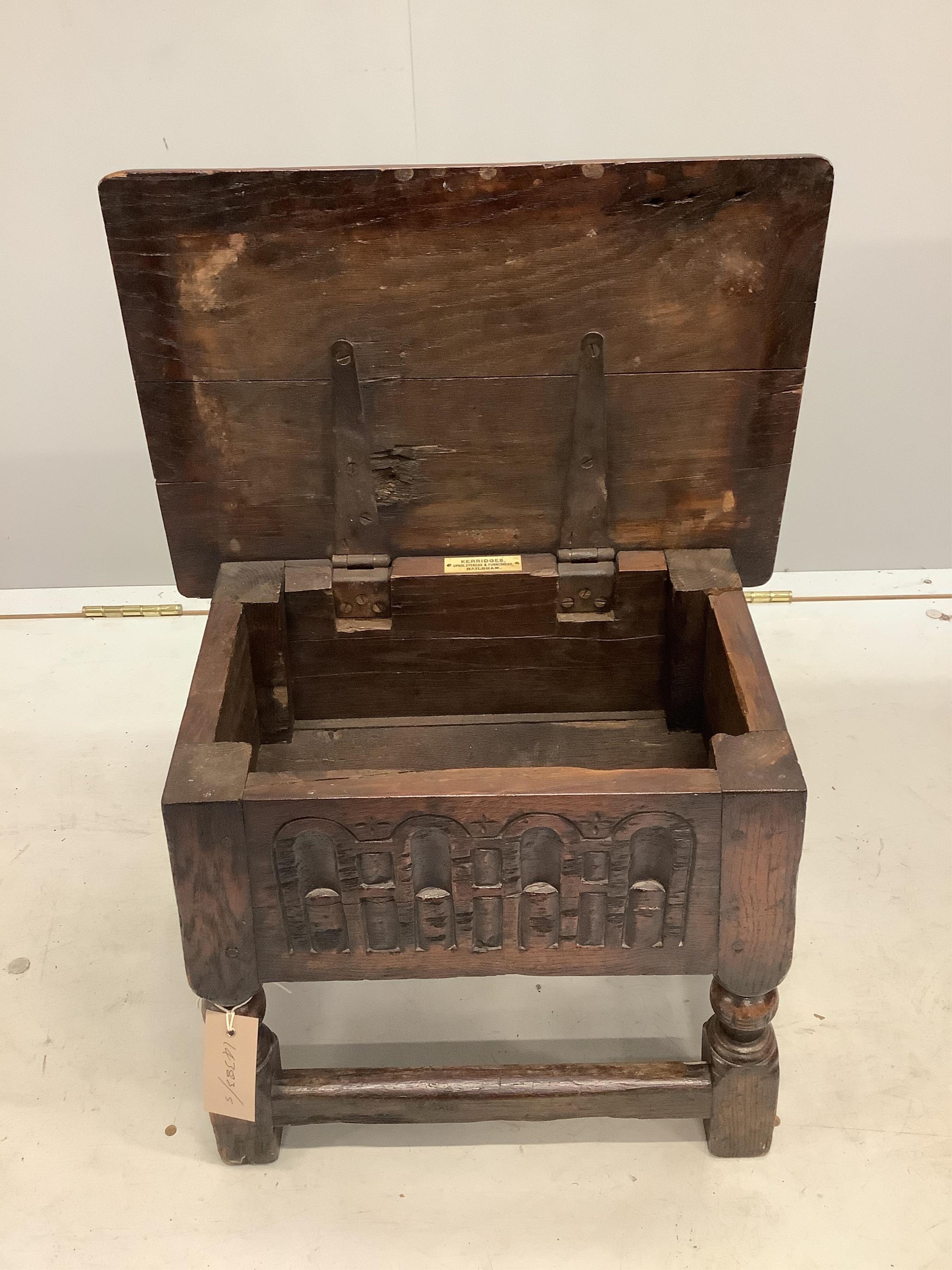 A 17th century style oak box seat joint stool, width 40cm, depth 28cm, height 37cm
